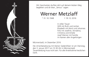 Anzeige von Werner Metzlaff von MGO