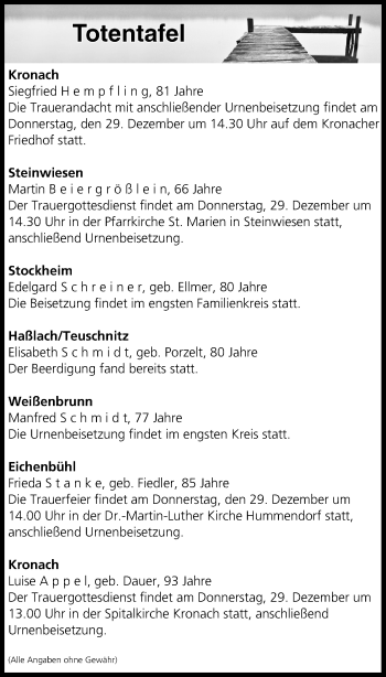 Anzeige von Totentafel vom 28.12.2016 von MGO