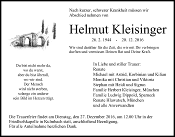 Anzeige von Helmut Kleisinger von MGO