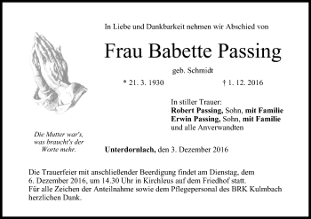Anzeige von Babette Passing von MGO