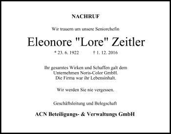 Anzeige von Eleonore Zeitler von MGO