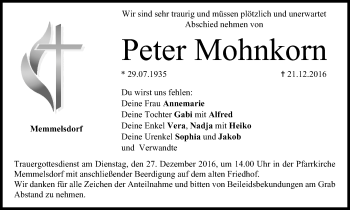 Anzeige von Peter Mohnkorn von MGO