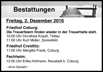 Anzeige von Bestattungen vom 02.12.2016 von MGO