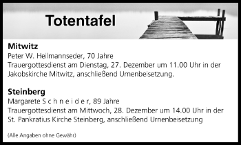Anzeige von Totentafel vom 24.12.2016 von MGO