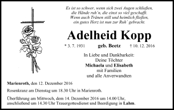 Anzeige von Adelheid Kopp von MGO