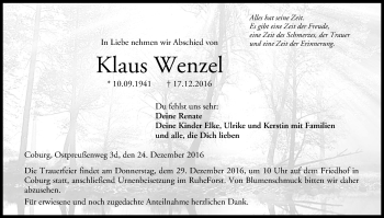 Anzeige von Klaus Wenzel von MGO