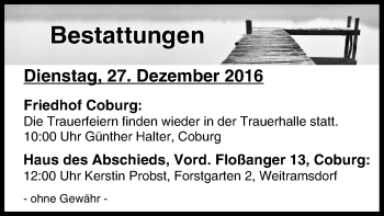 Anzeige von Bestattungen vom 27.12.2016 von MGO