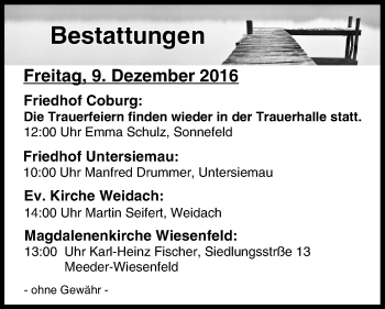 Anzeige von Bestattungen vom 09.12.2016 von MGO