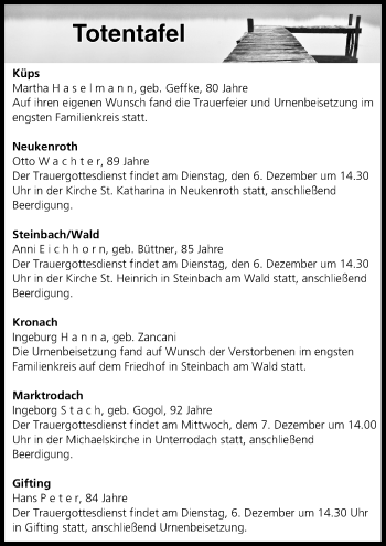 Anzeige von Totentafel vom 06.12.2016 von MGO