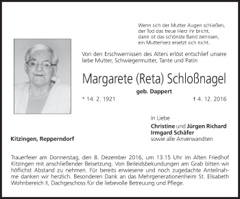Anzeige von Margarete Schloßnagel von MGO