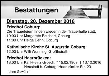 Anzeige von Bestattungen vom 20.12.2016 von MGO