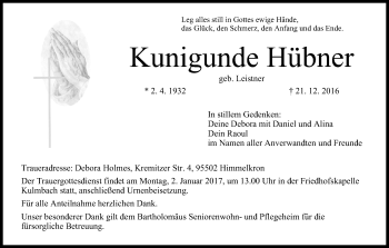 Anzeige von Kunigunde Hübner von MGO