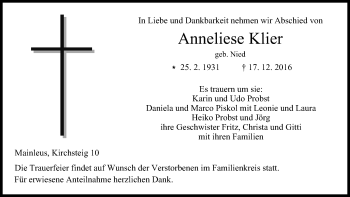 Anzeige von Anneliese Klier von MGO
