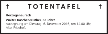 Anzeige von Totentafel vom 02.12.2016 von MGO