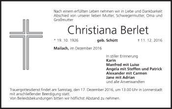 Anzeige von Christiana Berlet von MGO