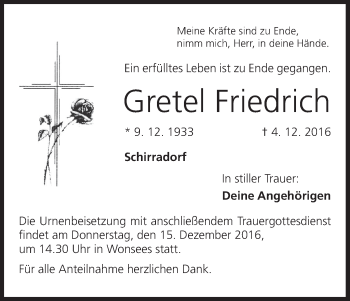 Anzeige von Gretel Friedrich von MGO