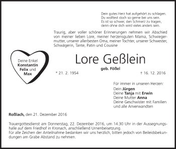 Anzeige von Lore Geßlein von MGO