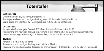 Anzeige von Totentafel vom 09.12.2016 von MGO