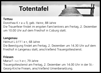 Anzeige von Totentafel vom 01.12.2016 von MGO