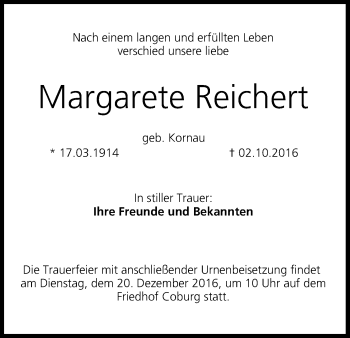 Anzeige von Margarete Reichert von MGO