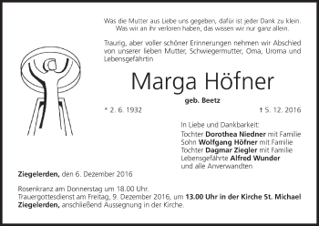 Anzeige von Marga Höfner von MGO