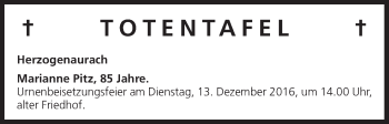 Anzeige von Totentafel vom 08.12.2016 von MGO