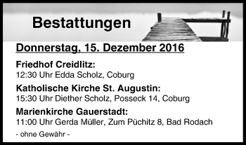 Anzeige von Bestattungen vom 15.12.2016 von MGO