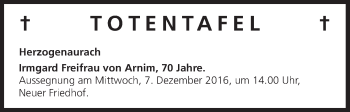 Anzeige von Totentafel vom 03.12.2016 von MGO