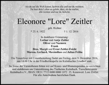 Anzeige von Eleonore Zeitler von MGO