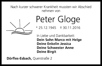 Anzeige von Peter Gloge von MGO