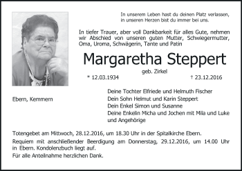 Anzeige von Margaretha Steppert von MGO