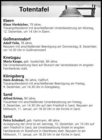Anzeige von Totentafel vom 08.12.2016 von MGO