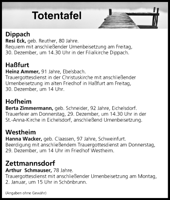 Anzeige von Totentafel vom 29.12.2016 von MGO
