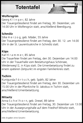 Anzeige von Totentafel vom 29.12.2016 von MGO