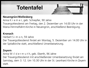Anzeige von Totentafel vom 02.12.2016 von MGO