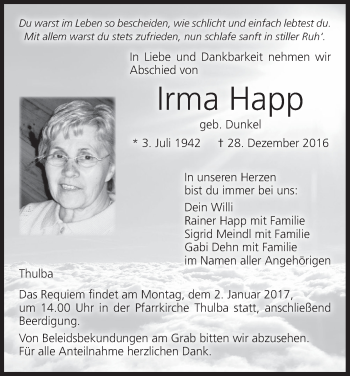 Anzeige von Irma Happ von MGO