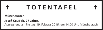 Anzeige von Totentafel vom 18.02.2016 von MGO