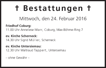 Anzeige von Bestattungen vom 24.02.2016 von MGO