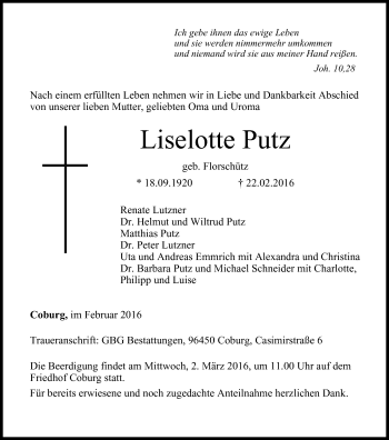 Anzeige von Liselotte Putz von MGO