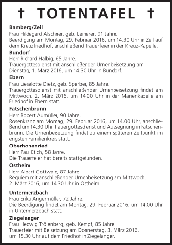 Anzeige von Totentafel vom 29.02.2016 von MGO