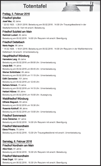 Anzeige von Totentafel vom 05.02.2016 von MGO