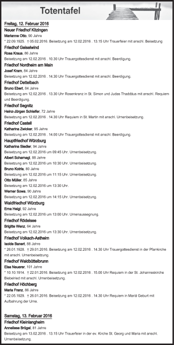 Anzeige von Totentafel vom 12.02.2016 von MGO