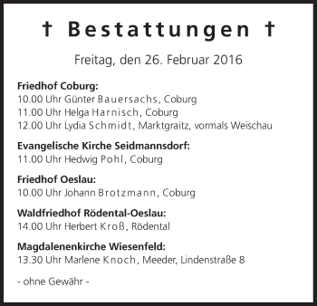 Anzeige von Bestattungen vom 26.02.2016 von MGO