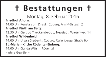 Anzeige von Bestattungen vom 08.02.2016 von MGO