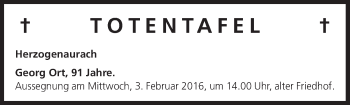 Anzeige von Totentafel vom 01.02.2016 von MGO