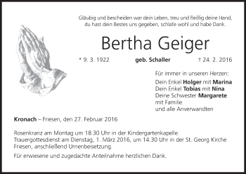 Anzeige von Bertha Geiger von MGO