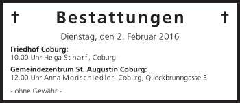 Anzeige von Bestattungen vom 02.02.2016 von MGO
