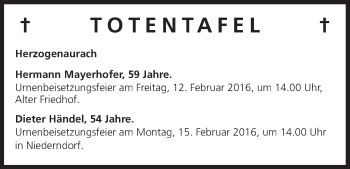 Anzeige von Totentafel vom 10.02.2016 von MGO