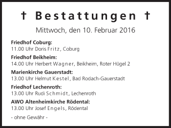Anzeige von Bestattungen vom 10.02.2016 von MGO