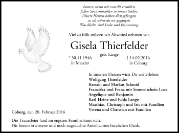 Anzeige von Gisela Thierfelder von MGO